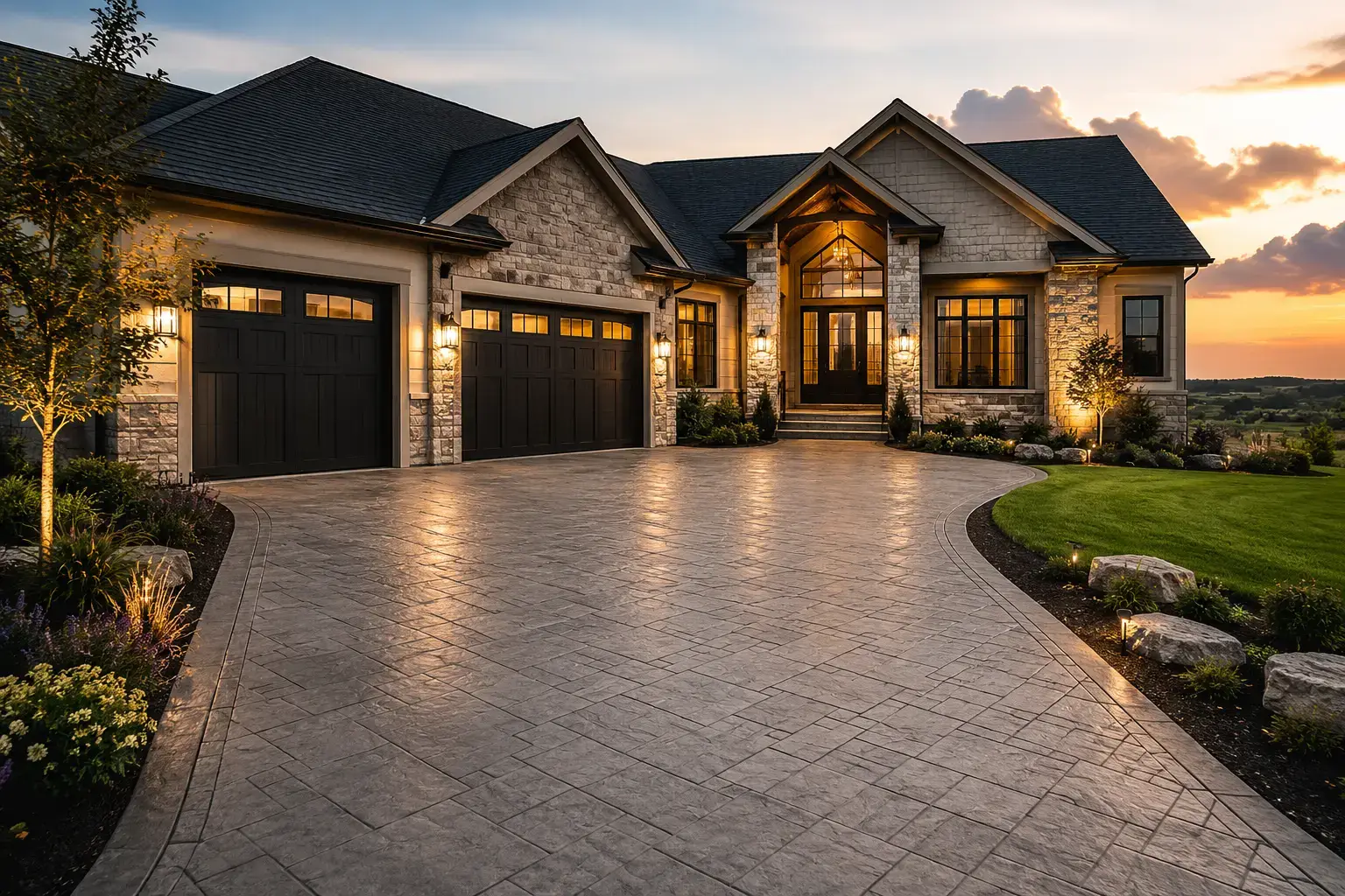 Stamped concrete driveway leading to a stone-front home at dusk