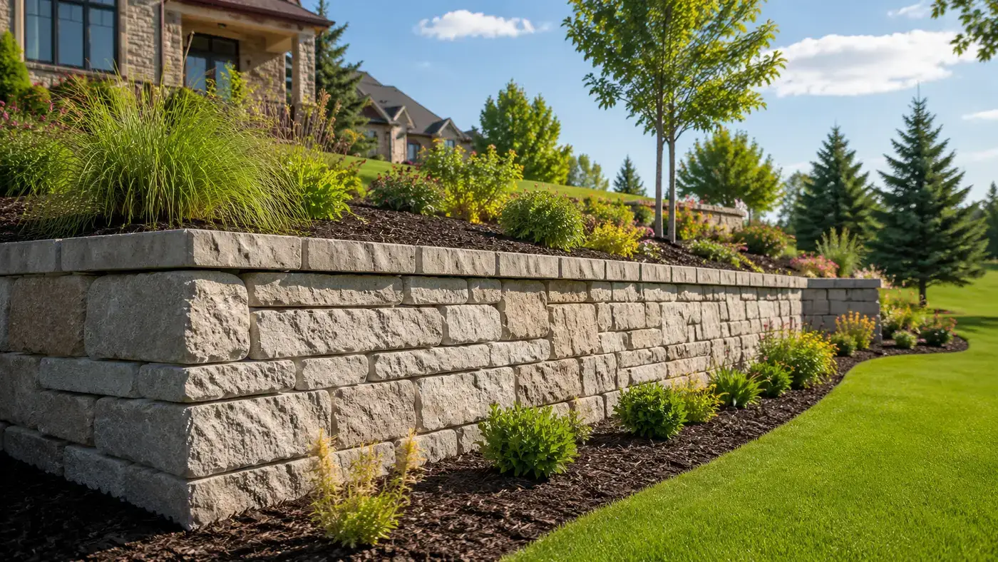 Illustration of a landscaped block retaining wall
