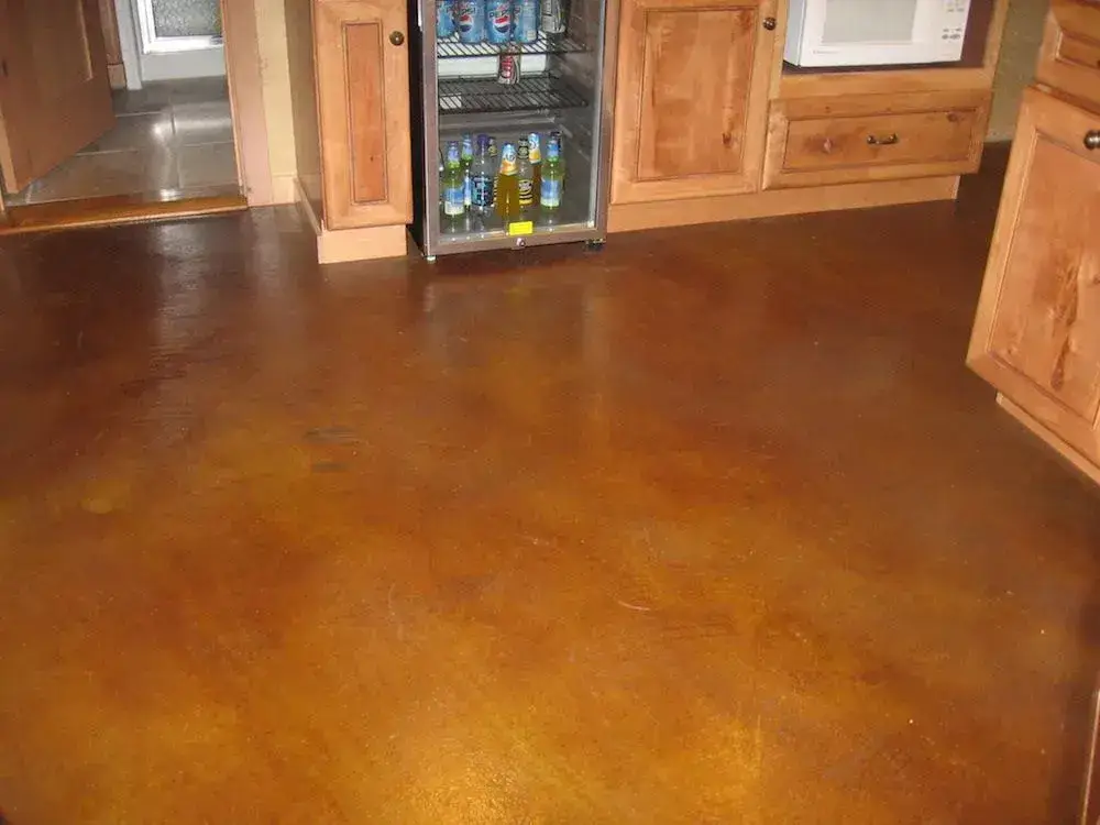 Acid-stained interior concrete floor in warm brown tones